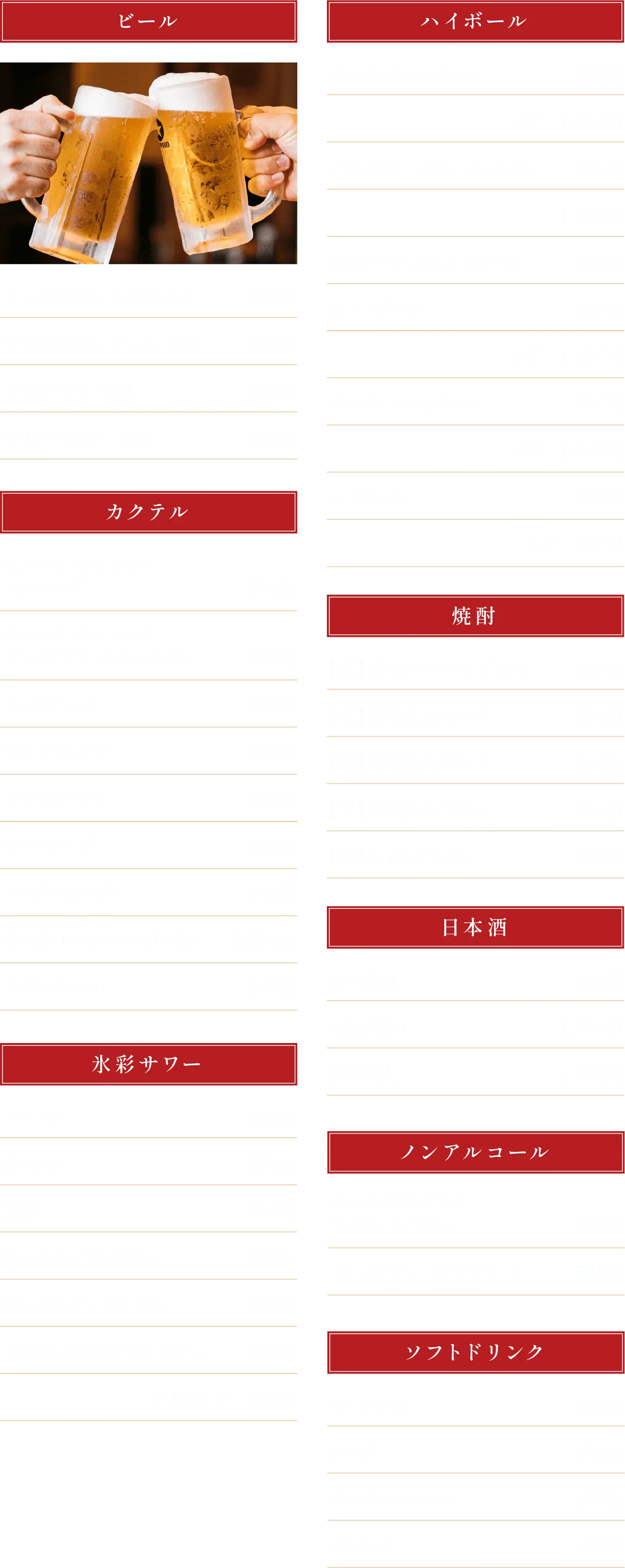 焼き鳥、もつ鍋、刺身など、居酒屋のフードメニュー一覧。